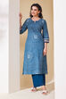 Teal Cotton Straight Kurta