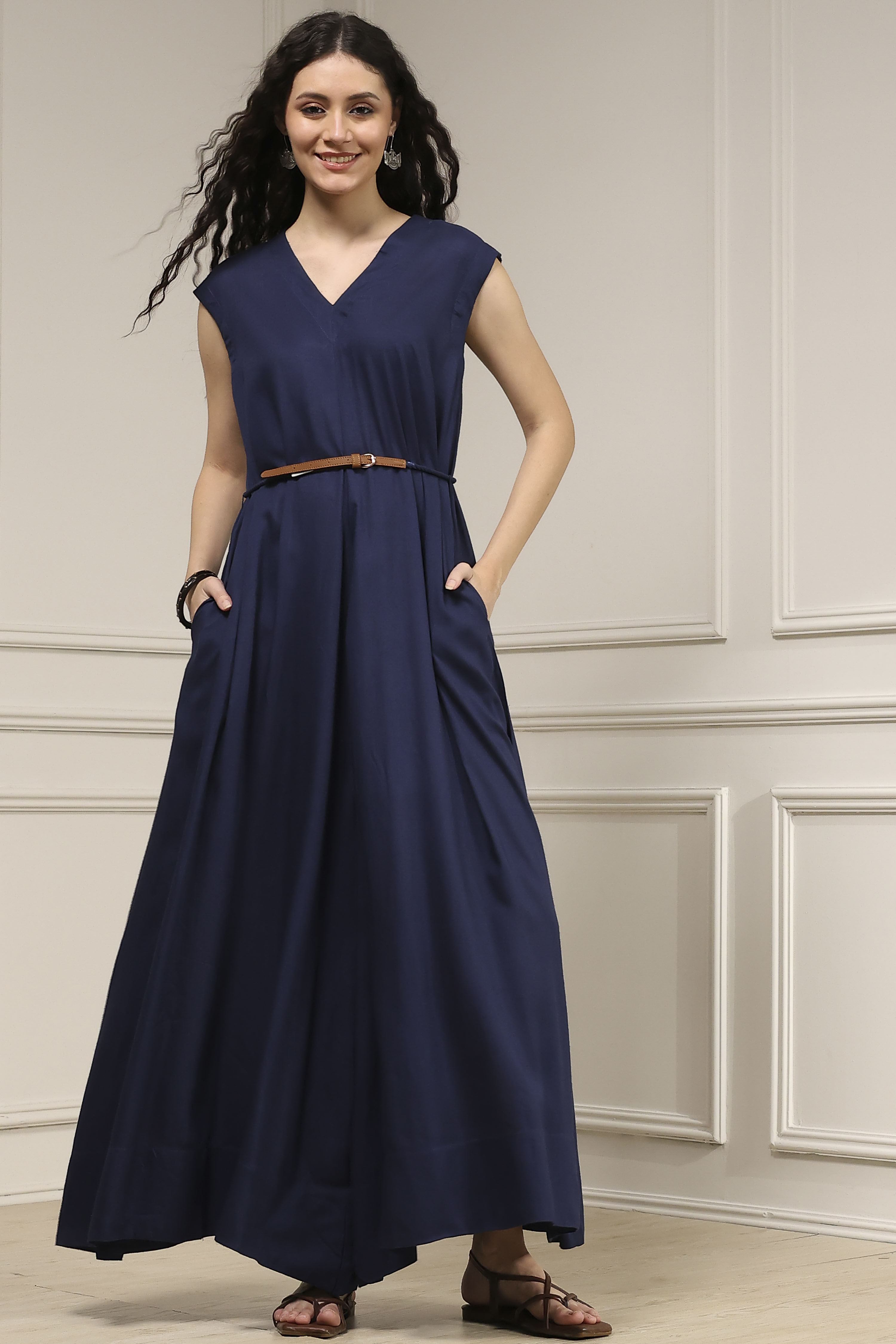 Navy Blue Viscose Rayon Asymmetric Dyed Jumpsuit image number 0