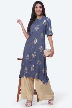Steel Blue Rayon Asymmetric Kurta image number 5