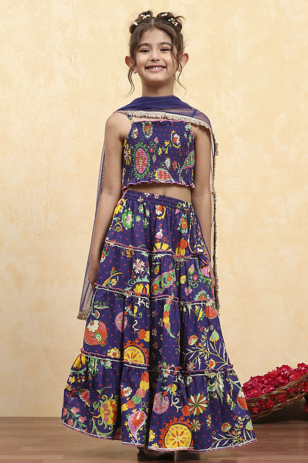 Purple Cotton Printed Tiered Lehenga Set image number 6