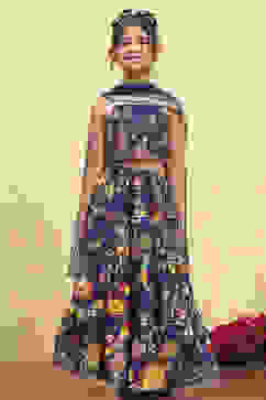 Purple Cotton Printed Tiered Lehenga Set image number 6