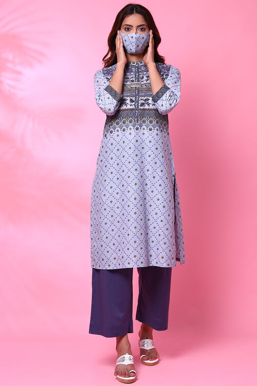 Blue Cotton Straight Printed Kurta image number 2