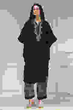 Black Modal Solid Kaftan Fusion Kurta Set image number 6