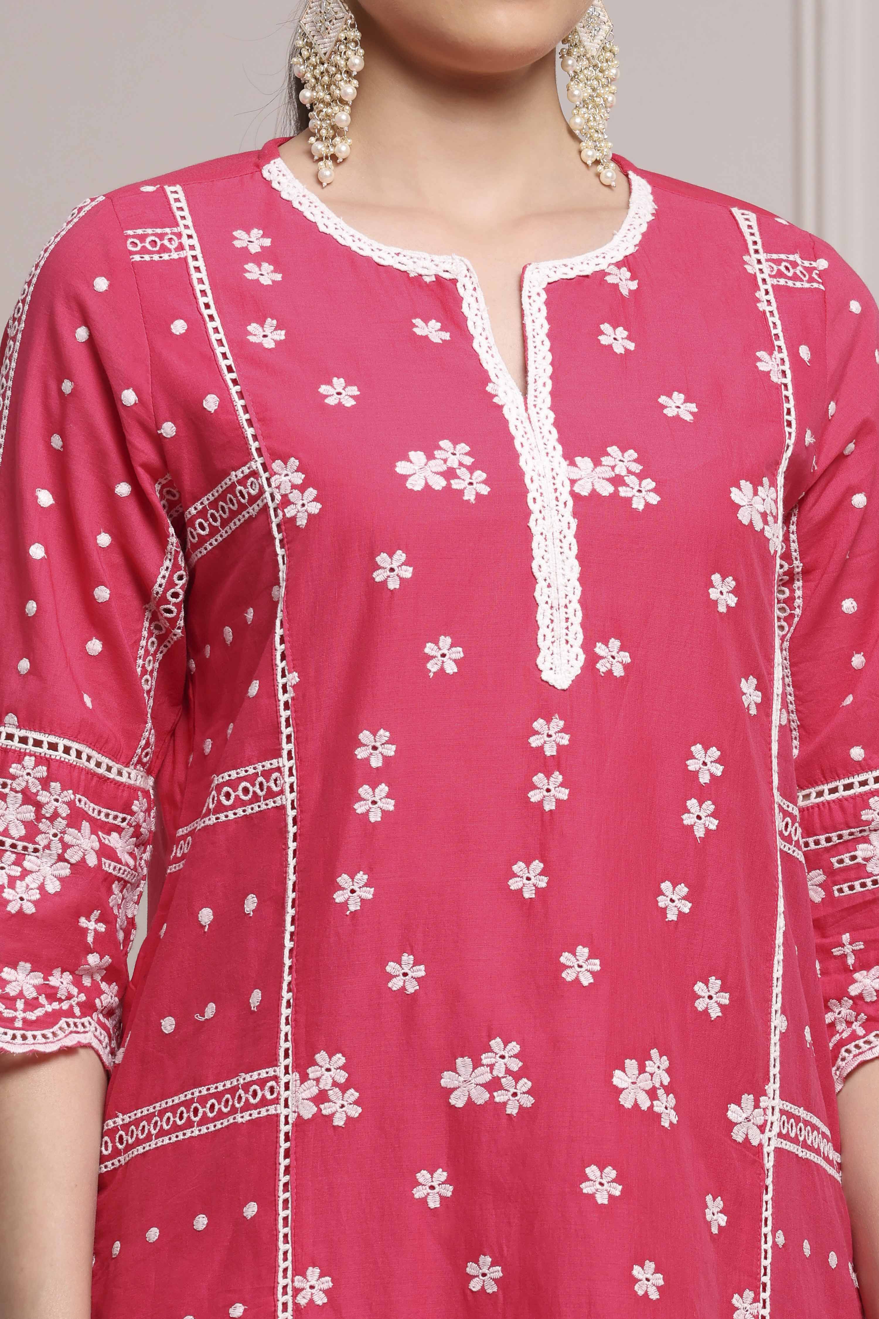 Fuchsia Cotton Embroidered Straight Suit Set image number 1