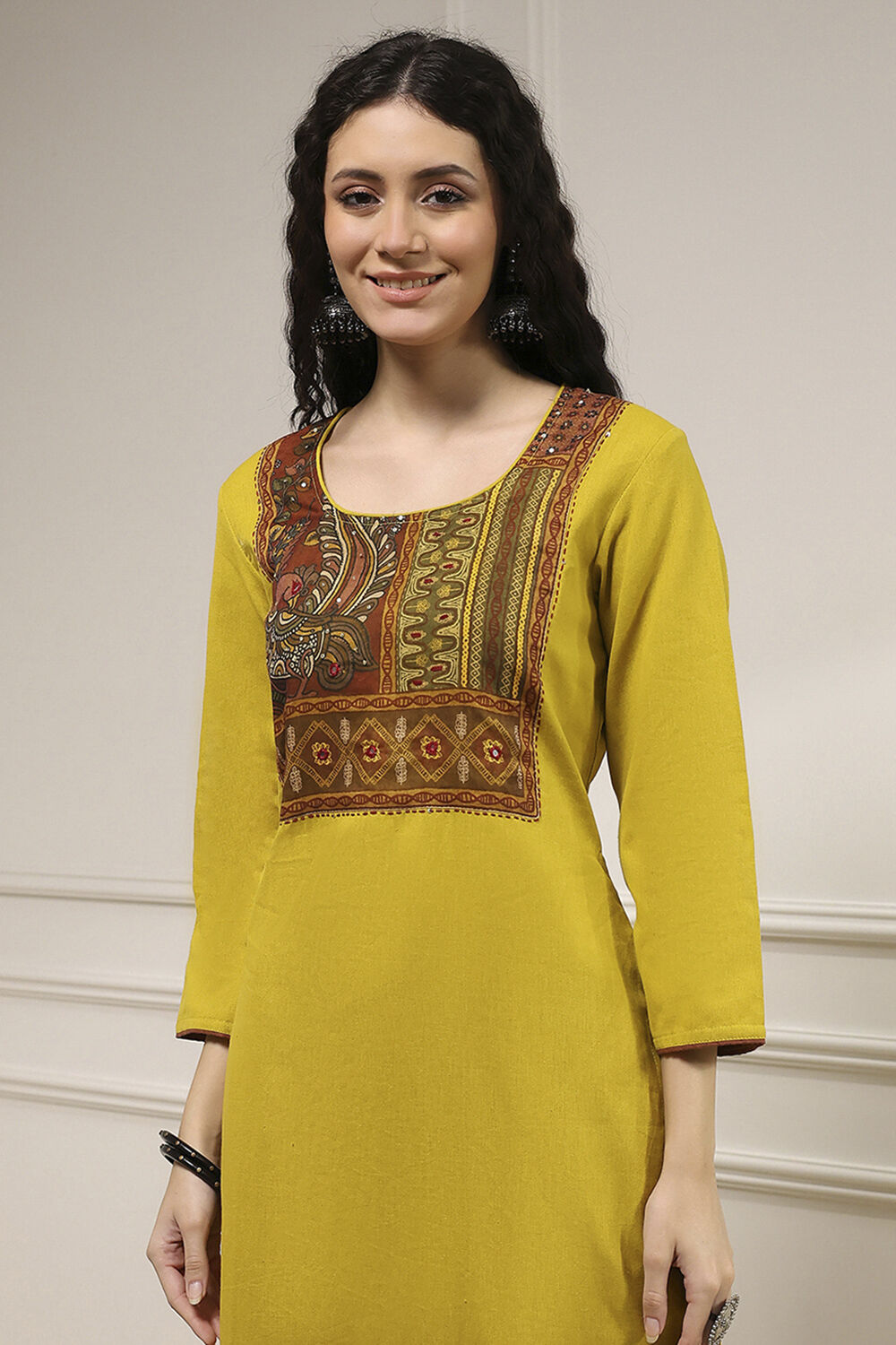 Yellow Cotton Hand Block Print Unstitched Suit Set image number 2