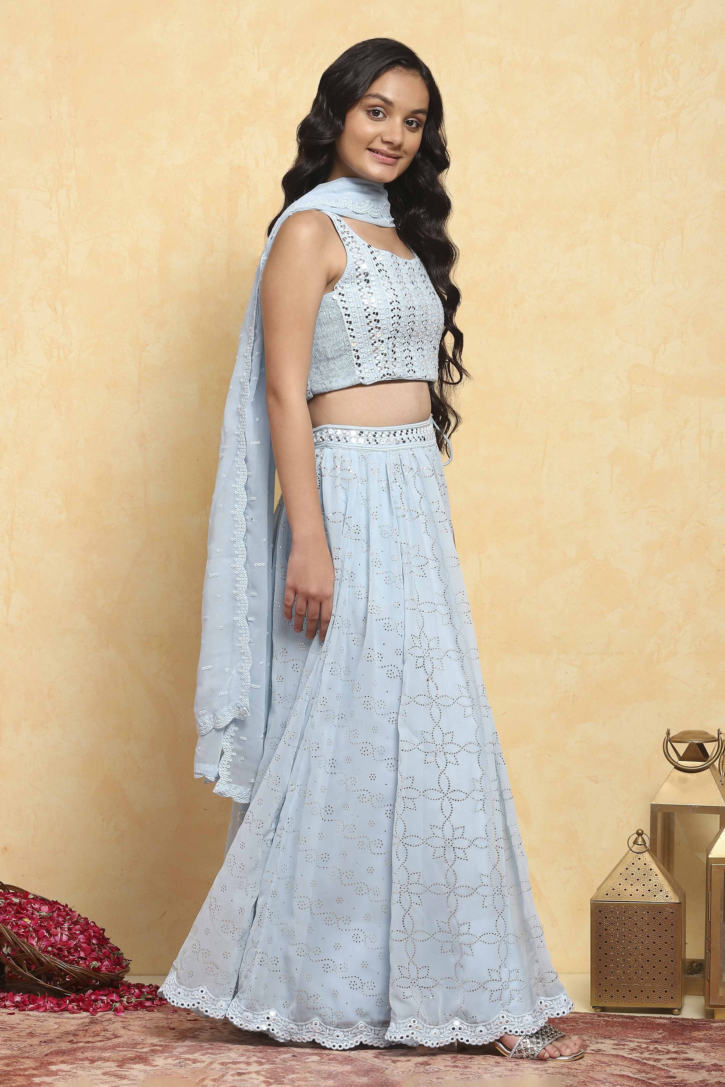 Blue Polyester Embroidered Kalidar Lehenga Set image number 5