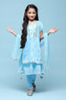 Powder Blue Polyester Straight Printed Suit Set image number 0