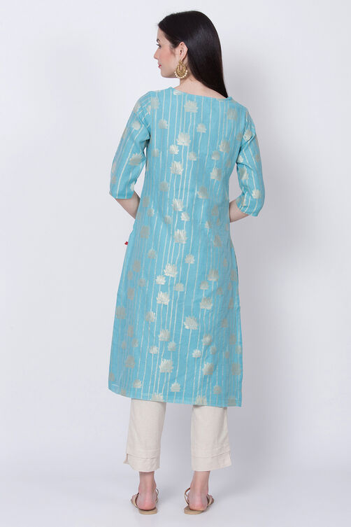 Light Turquoise Poly Metallic Cotton Straight Yarndyed Kurta image number 4