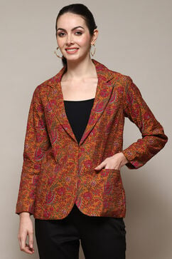 Mustard Polyester Straight Printed Jacket image number 5