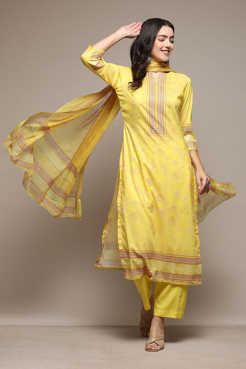 Yellow Silk Blend Digital Print Unstitched Suit Set image number 8