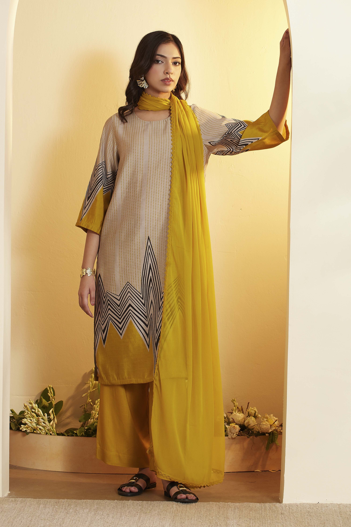 Grey Viscose Blend Straight Suit Set