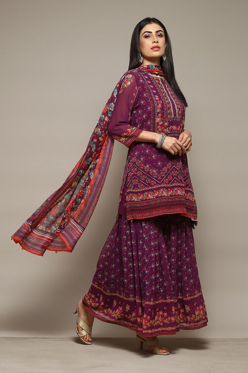 Purple Polyester Straight Printed Kurta Garara Suit Set image number 6