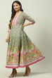 Olive Green Cotton Flared Printed Dress image number 1