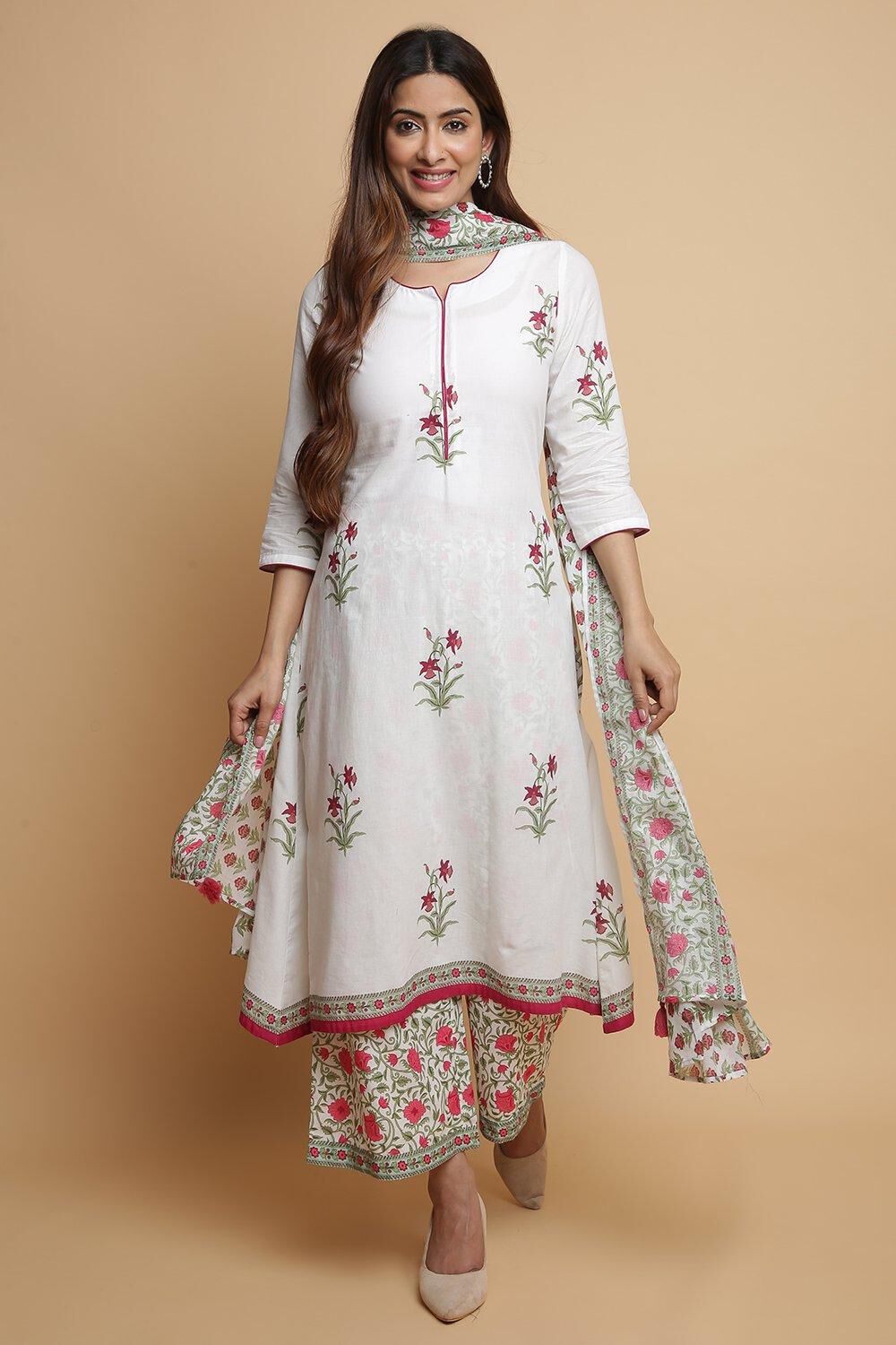 White Cotton A Line Kurta Palazzo Suit Set