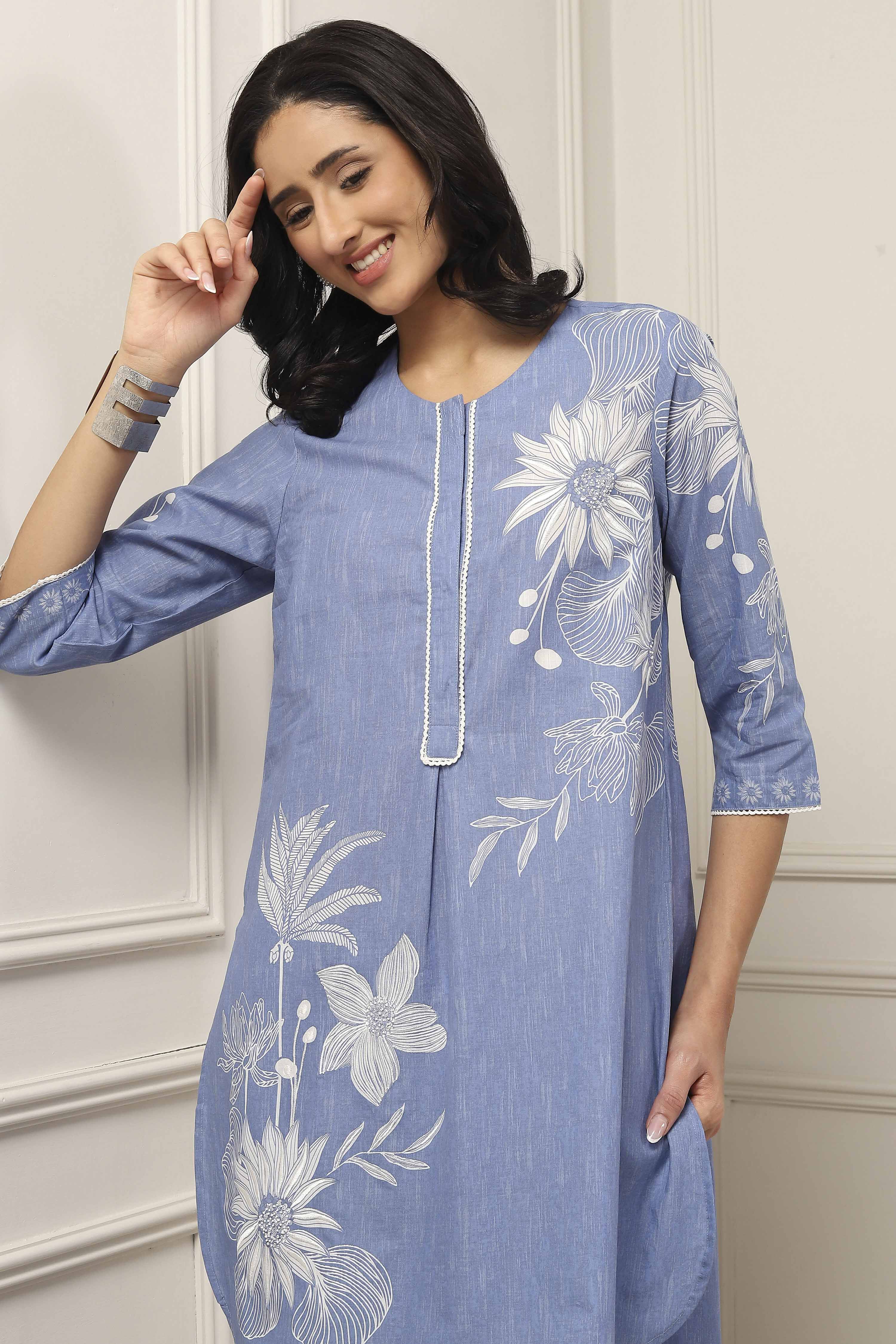 Blue Cotton Floral Printed Straight Suit Set image number 7