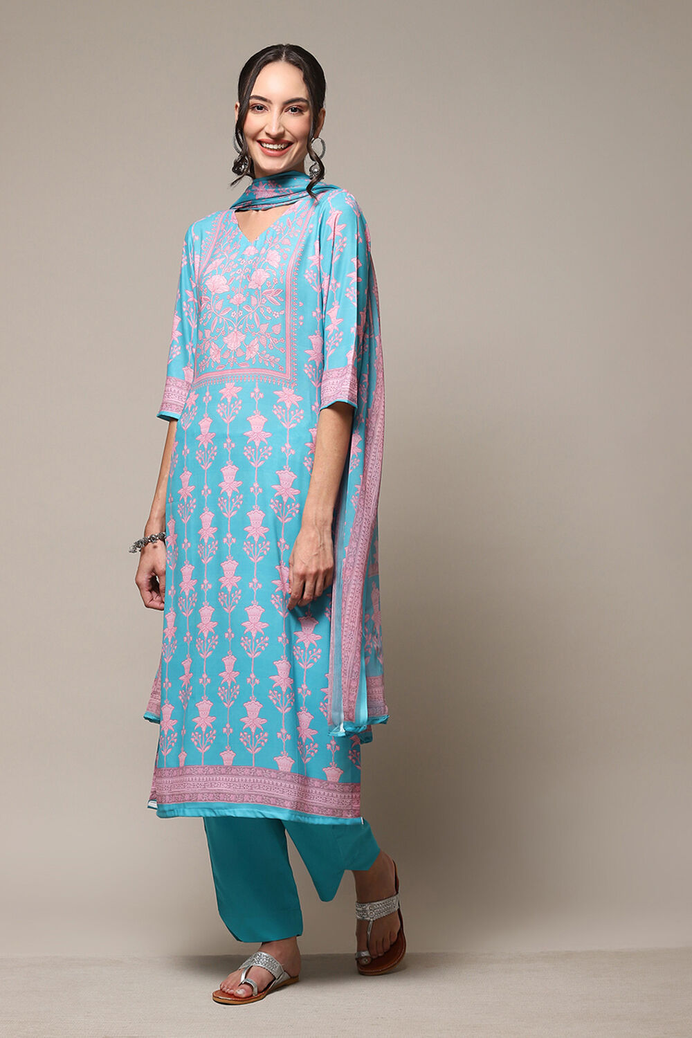 Indigo Chanderi Silk Unstitched Suit Set image number 6