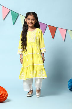 Lime Green Cotton Tiered Kurta Straight Palazzo 2 Piece Set image number 6