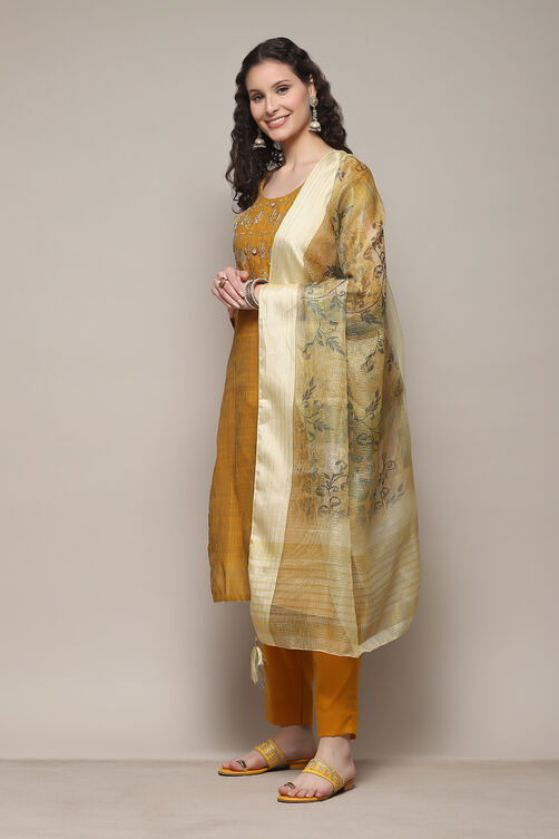 Mustard Chanderi Printed Unstitched Suit Set image number 6