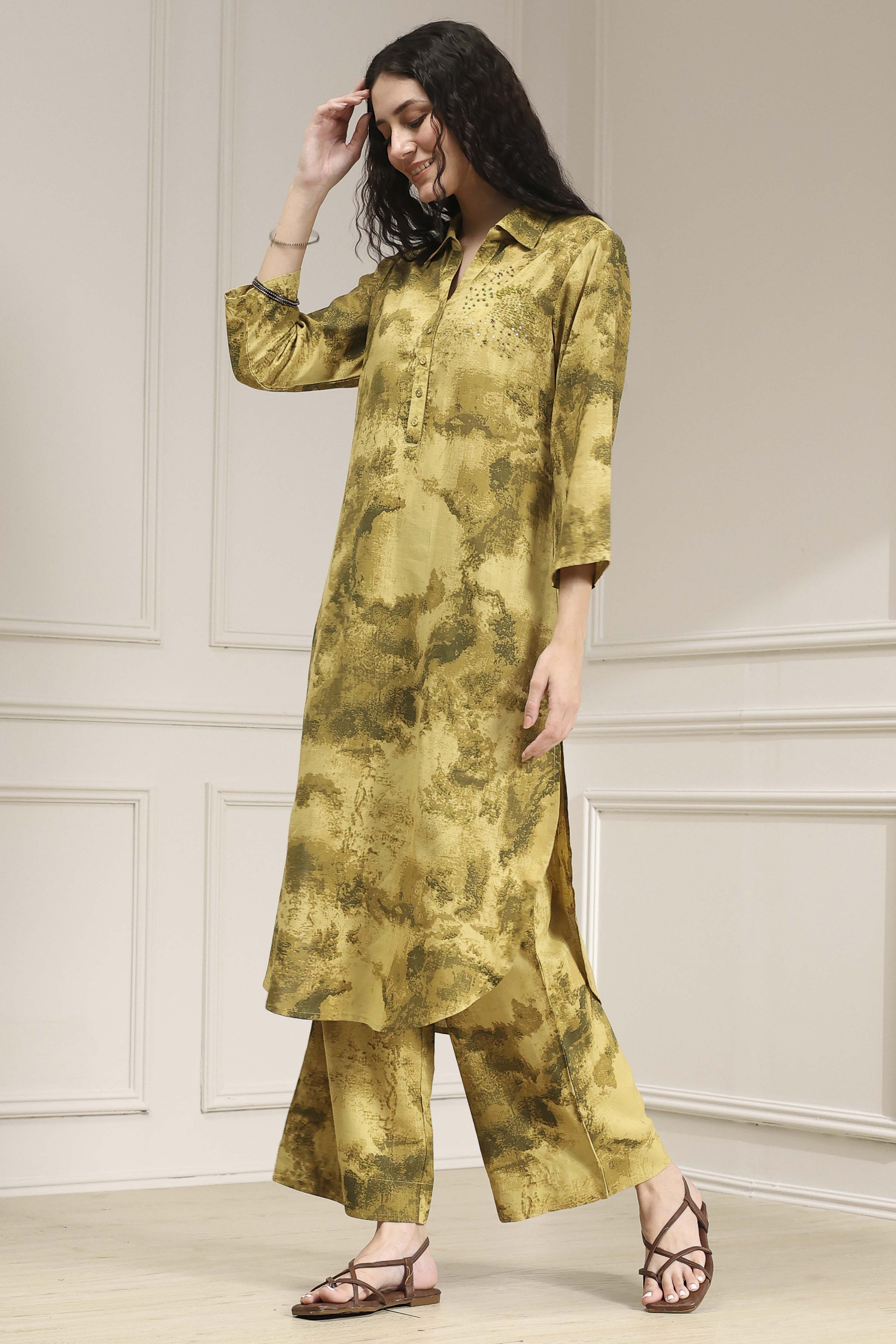 Green Printed Kurta Pants Co-ord Set image number 3