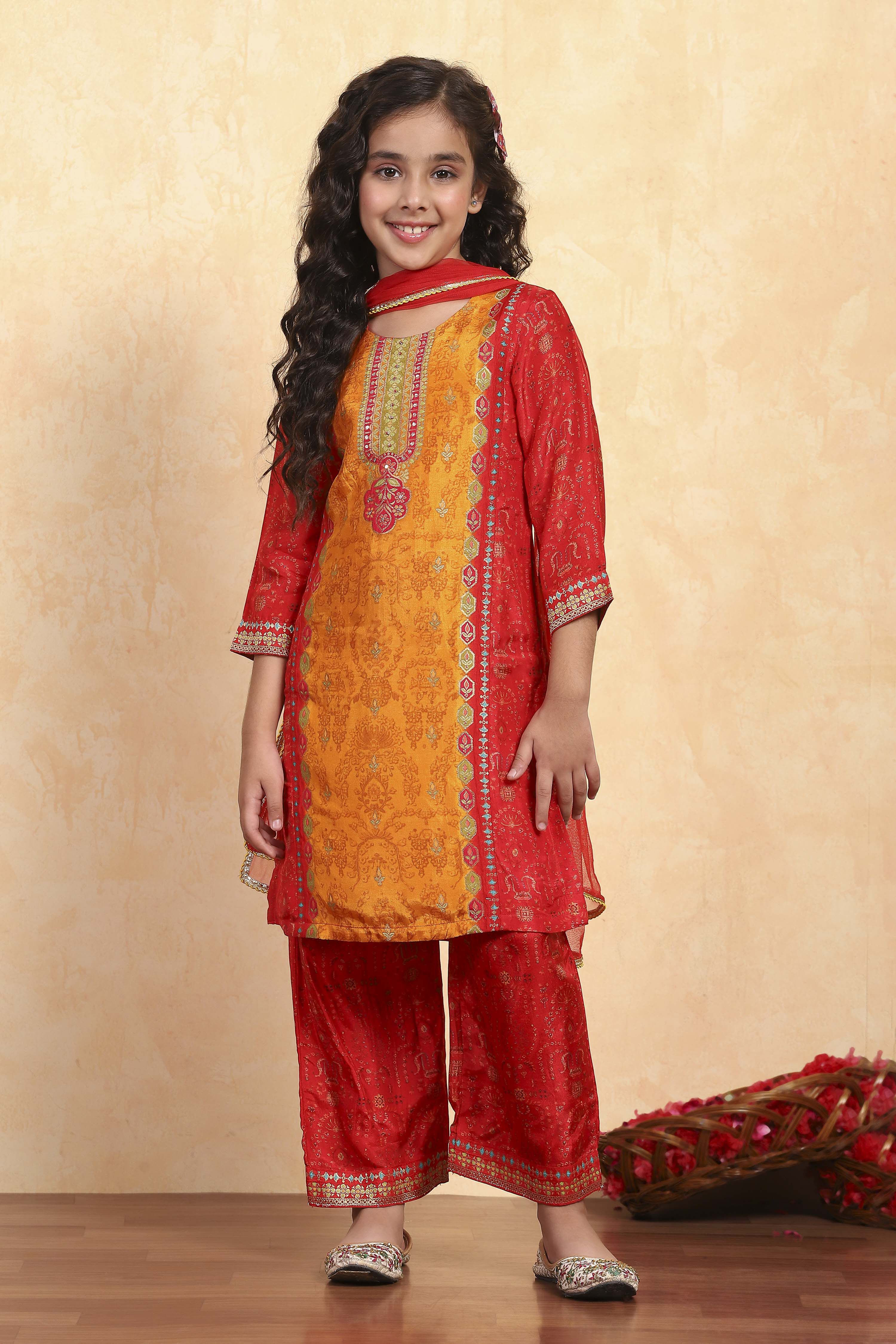 Mustard Yellow and Red Printed Straight Suit Set image number 6