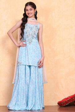 Aqua Printed Strappy Straight Suit Set image number 6