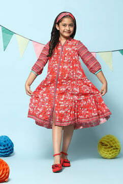 Red Cotton Tiered Printed Dress image number 5