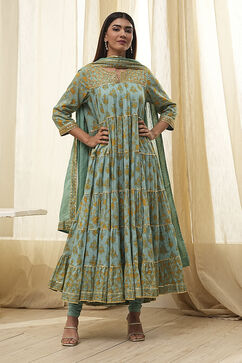 Sage Green Cotton Floral Tiered Suit Set image number 4