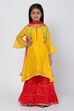 Red And Yellow Poly Cotton Asymmetric Kurta Sharara Suit Set image number 0