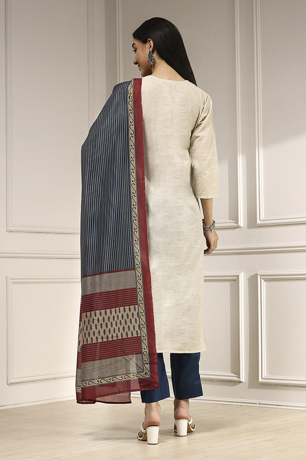 Beige Cotton Handloom Unstitched Suit Set image number 5