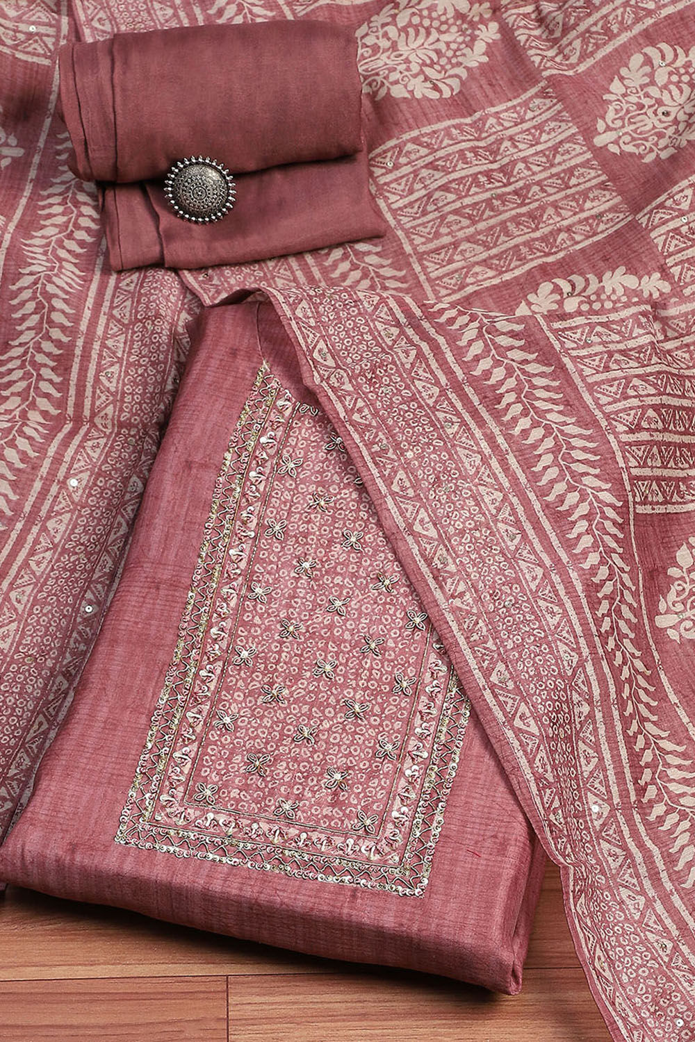 Blue Chanderi Hand Embroidered Unstitched Suit Set image number 0