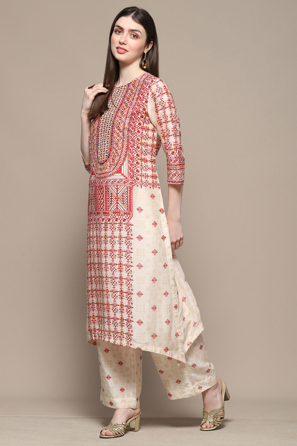 Beige Rayon Asymmetric Kurta & Palazzo Suit Set image number 3