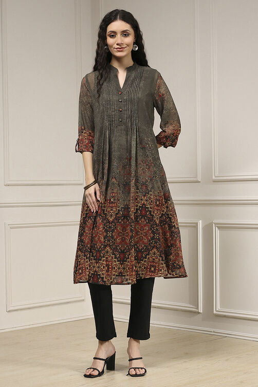 Charcoal and Rust Printed Pleated A-Line Kurta image number 6