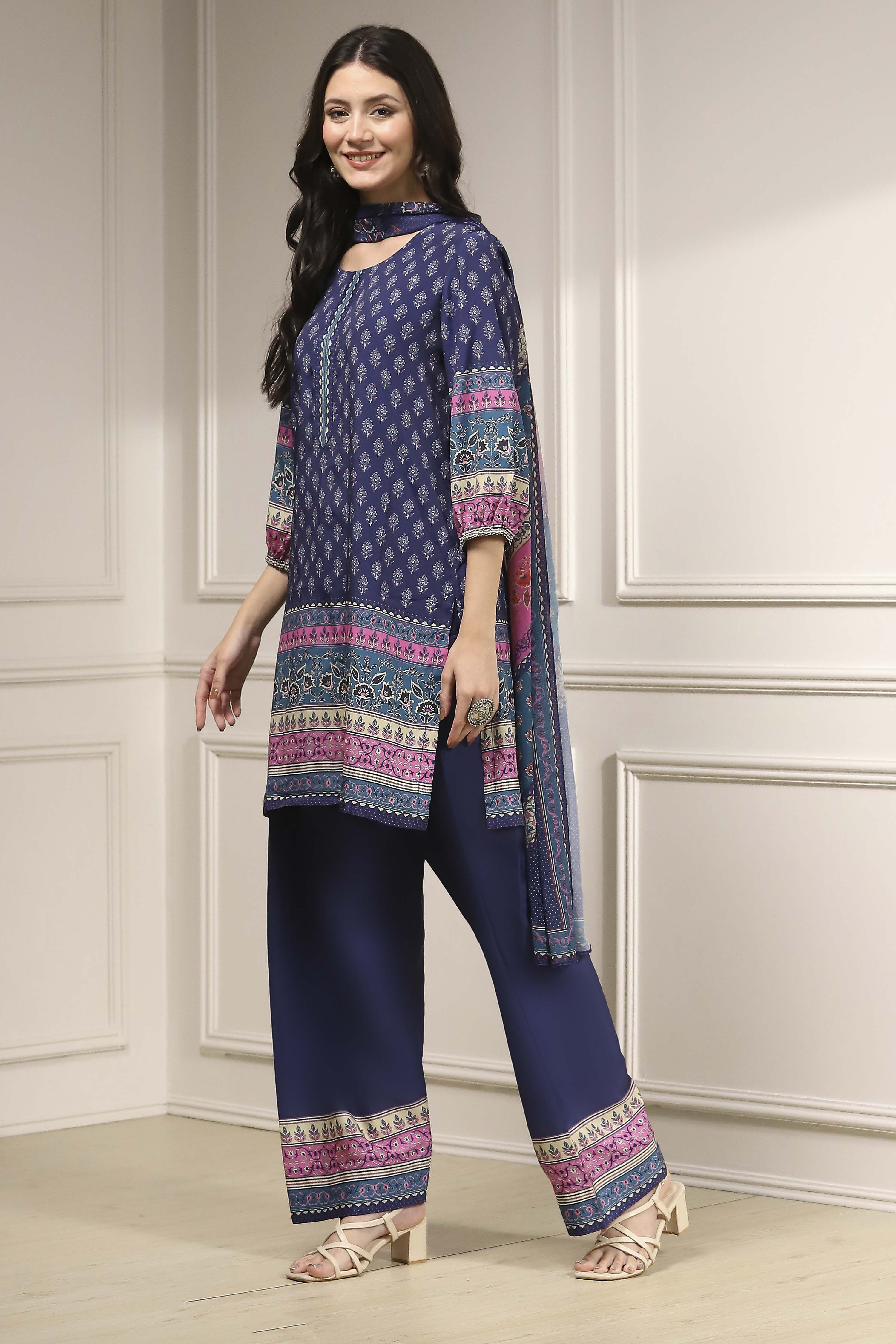 Blue Printed Straight Suit Set image number 3