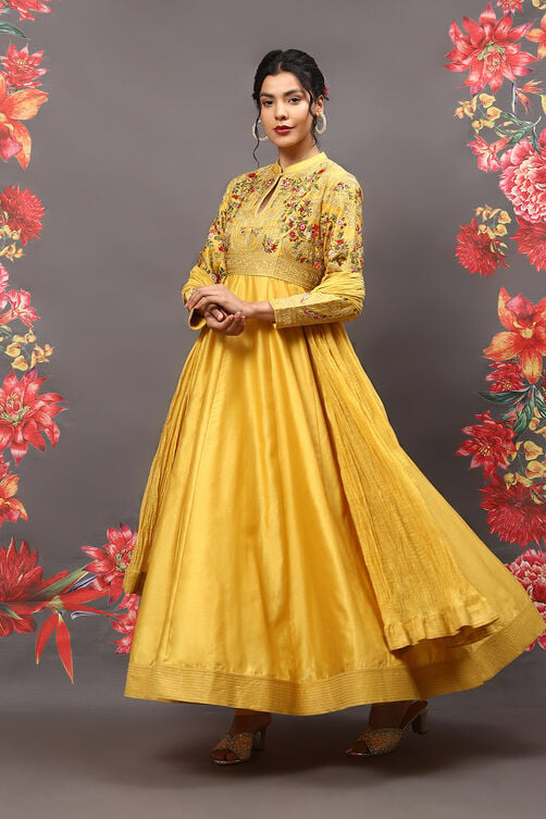 Rohit Bal Mustard Cotton Blend Anarkali Kurta Suit Set image number 5