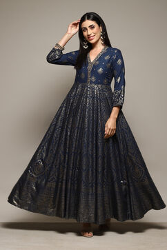 Navy LIVA Straight Printed Dress image number 0