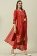 Red Cotton Straight Kurta Pants Suit Set image number 6