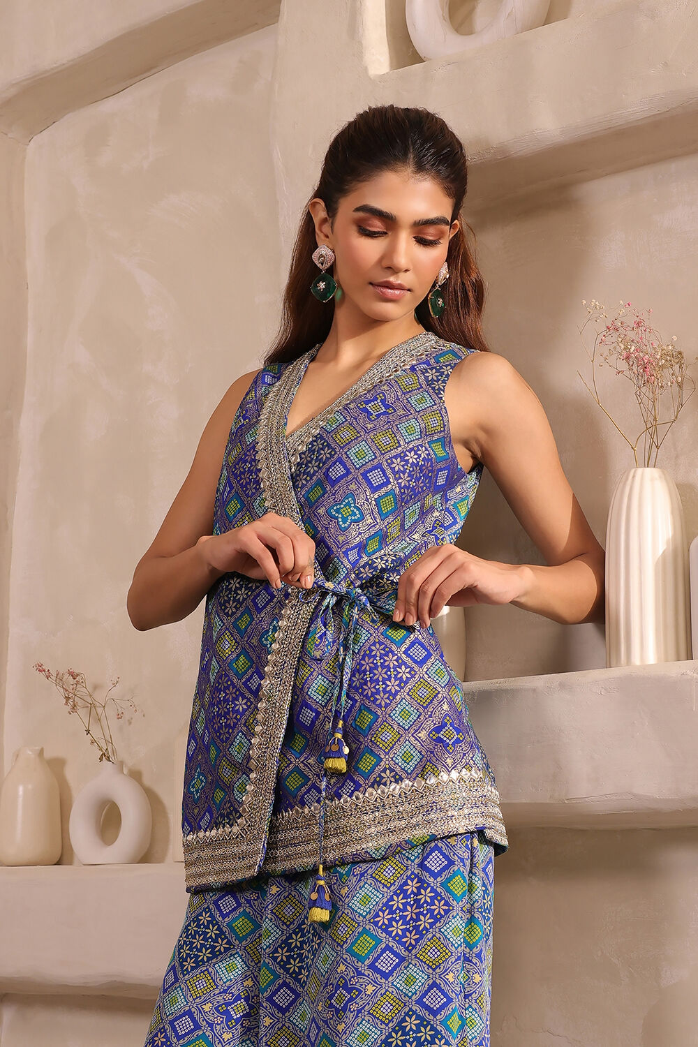 Blue Chanderi Front Open Printed Co-ord Set image number 1
