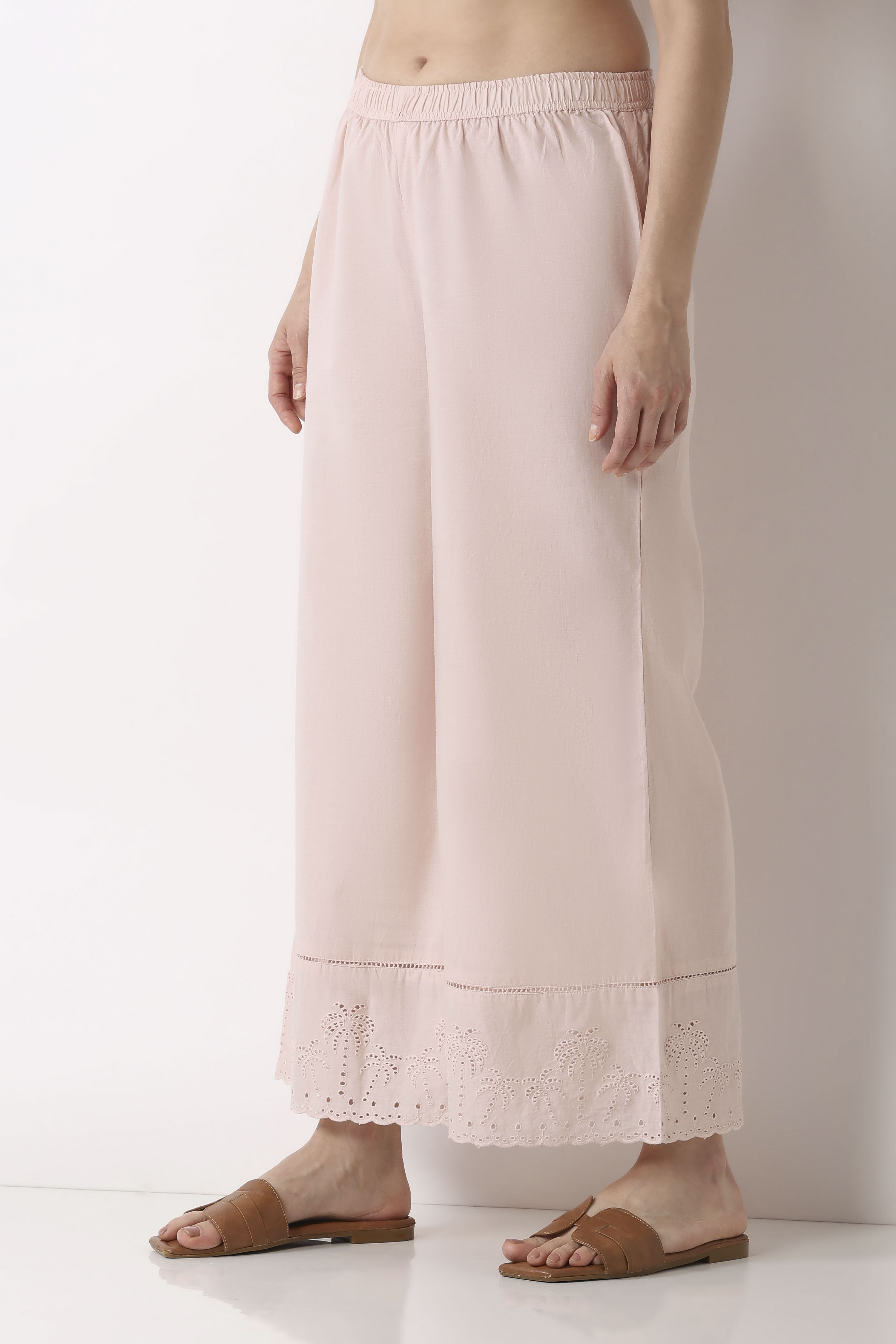 Light Pink Cotton Flared Palazzos image number 2