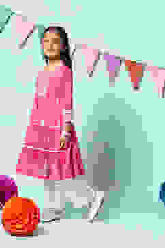 Fuschia Cotton Tiered Kurta Straight Palazzo 2 Piece Set image number 3