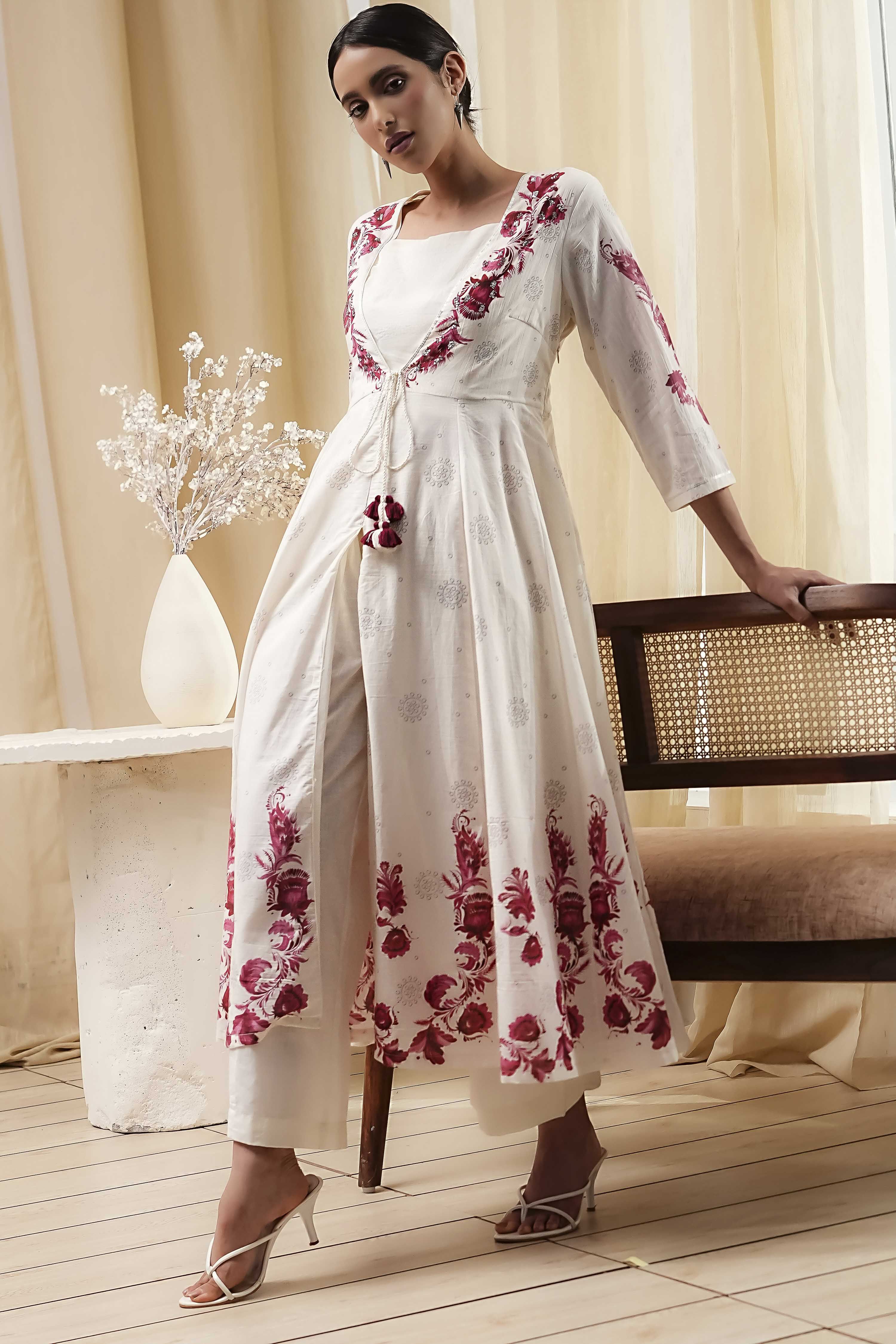 Off-White and Red Anarkali Fusion Set image number 8