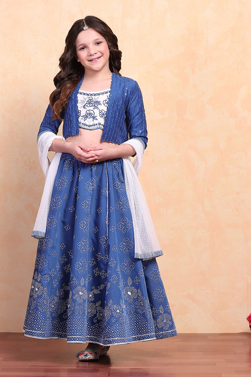 Blue-White Poly Chanderi Short Straight Lehenga Set image number 0