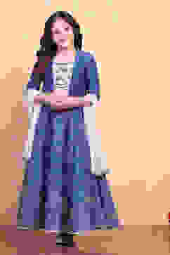 Blue-White Poly Chanderi Short Straight Lehenga Set image number 0