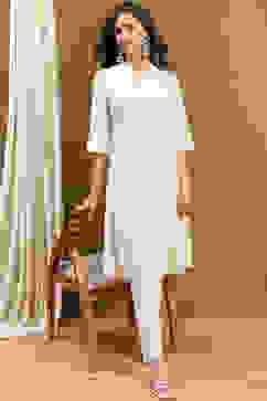 Ecru Cotton Solid Pleated A-Line Kurta image number 0