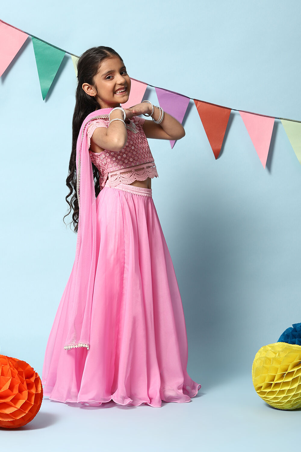 Bubble gum Pink Nylon Short Top Lehenga Set image number 6