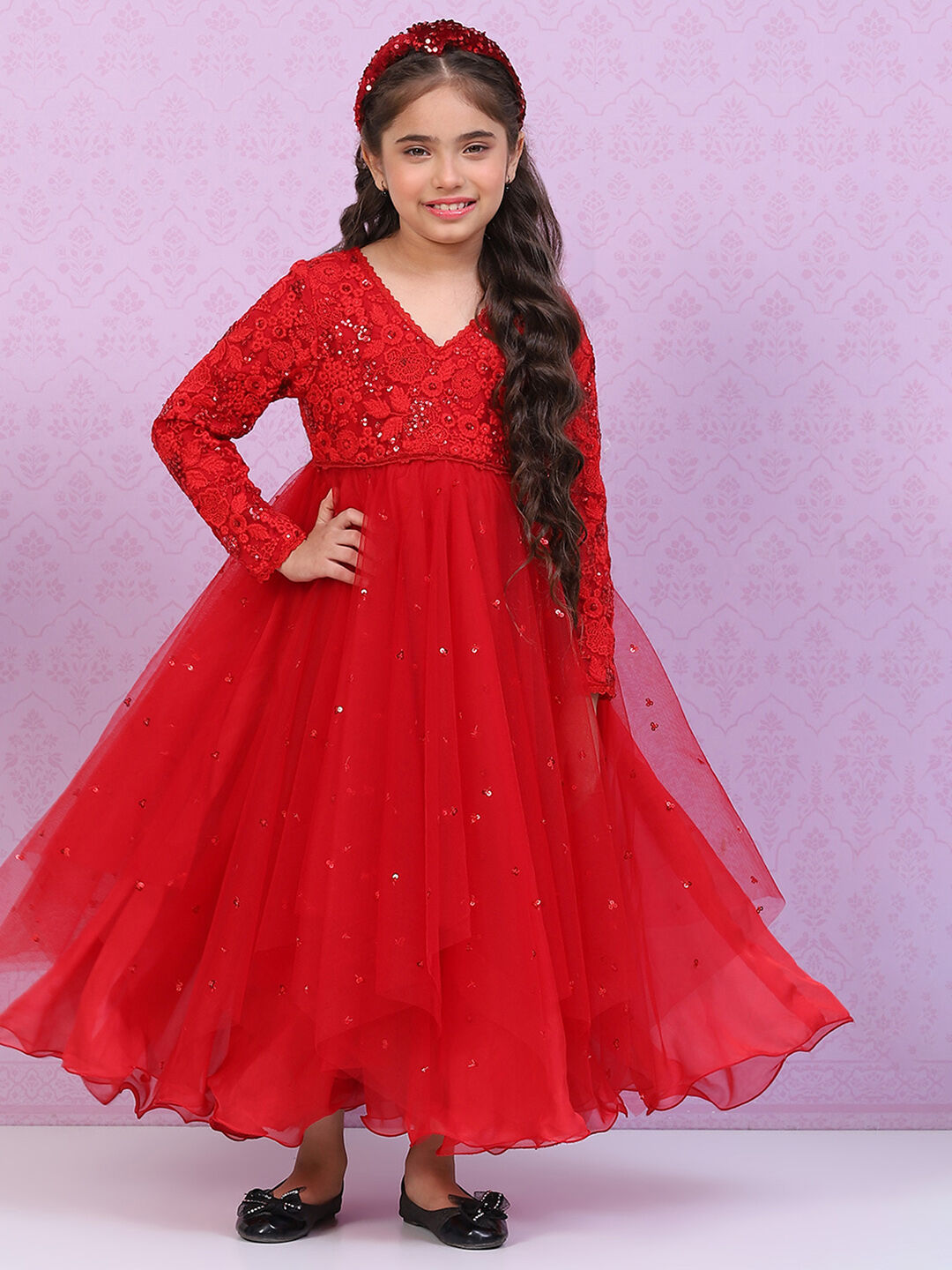 Red Nylon Layered Embroidered Dress Biba India