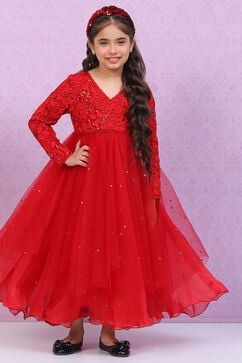 Red Nylon Layered Embroidered Dress image number 0