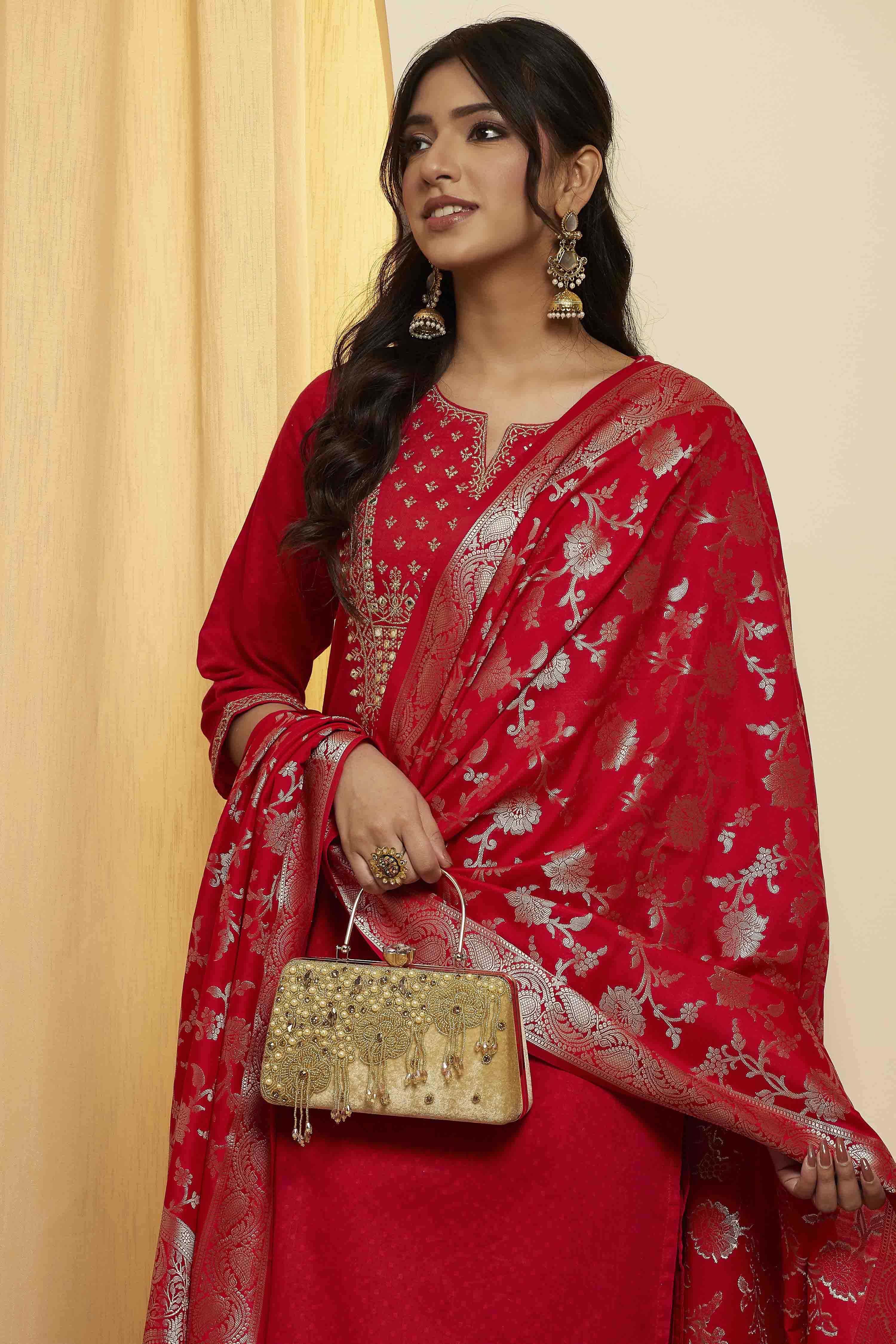 Red Floral Woven Design Dupatta image number 1