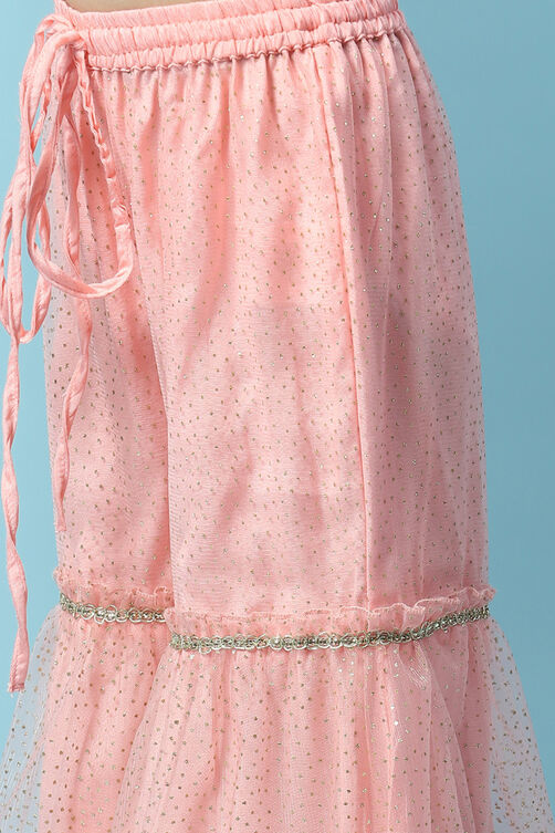 Peach Nylon Gathered Embroidered Kurta Garara Suit Set image number 2