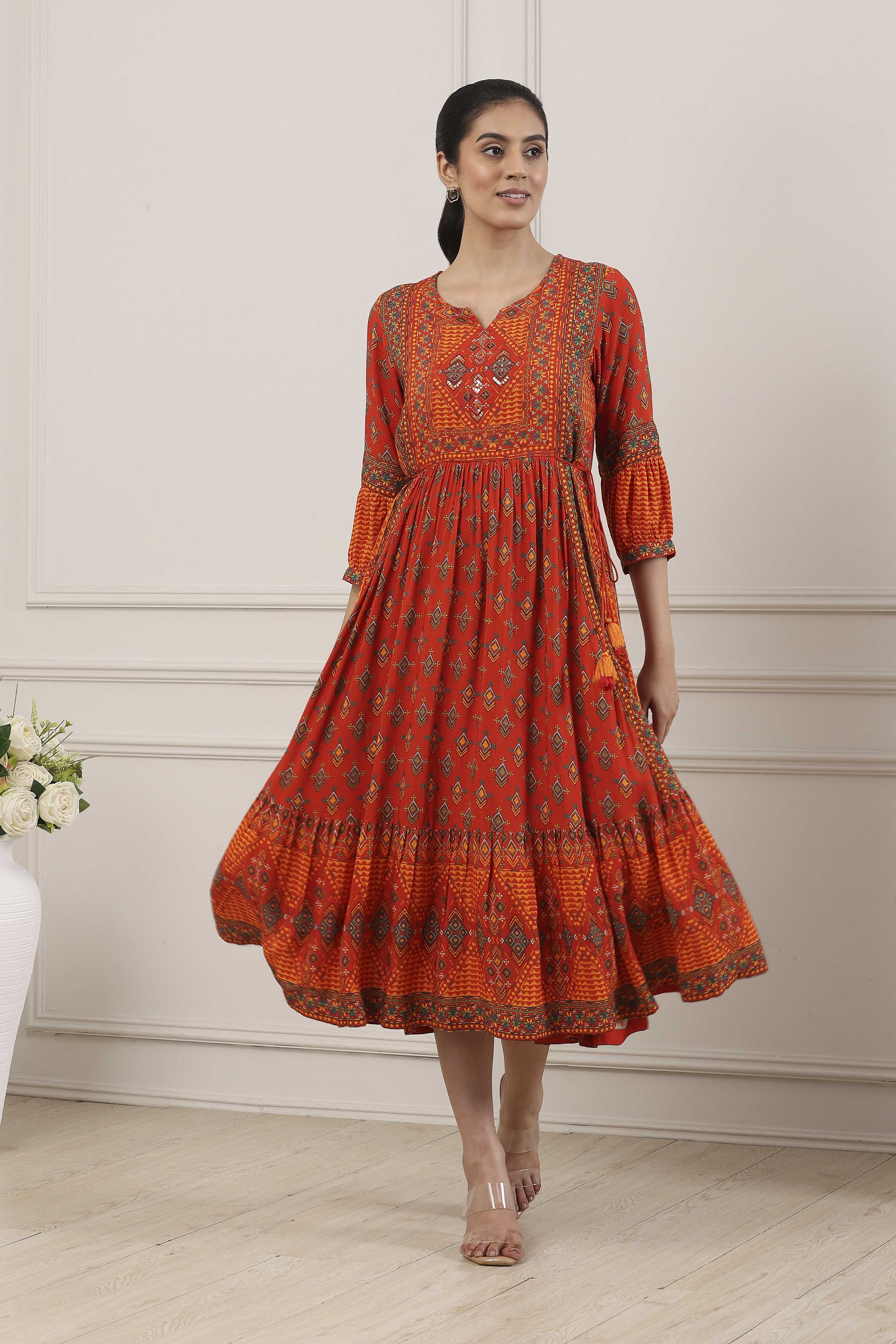 Rust Viscose Rayon Anarkali Dress image number 0