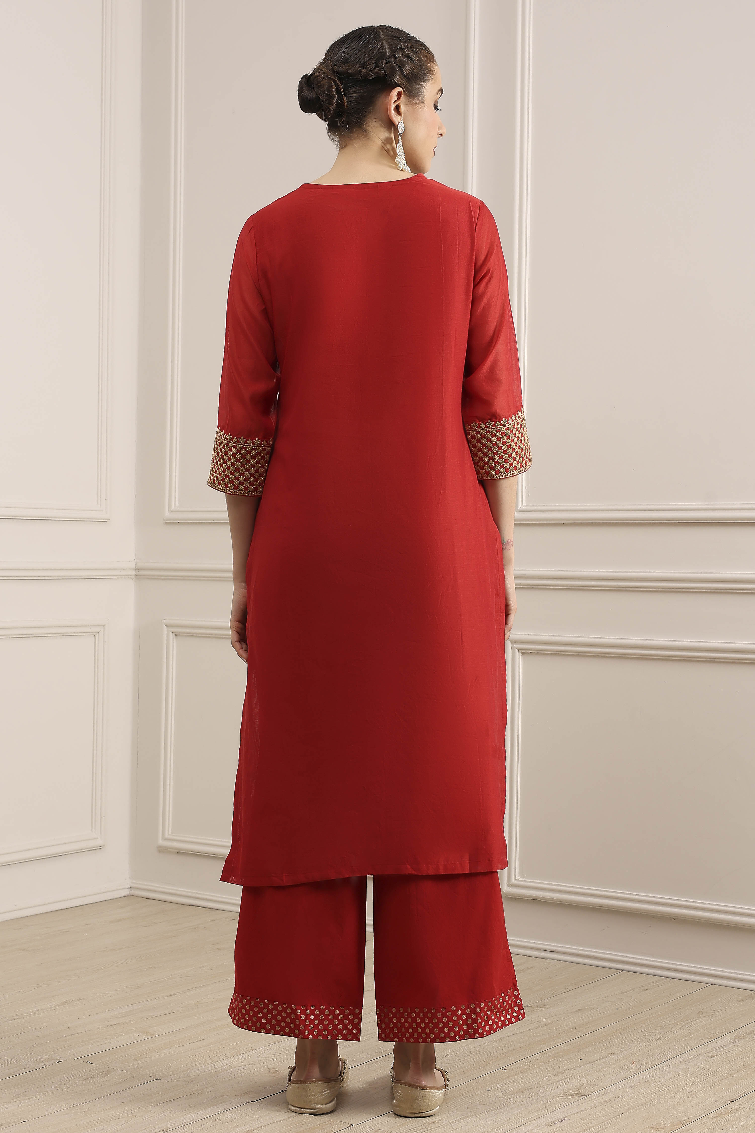 Red Embroidered Art Silk Straight Suit Set image number 4